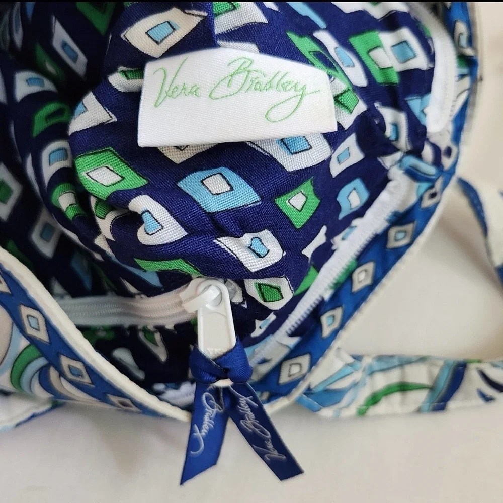 Vera Bradley Blue Flowers and Diamonds pattern white background, Shoulder Bag.